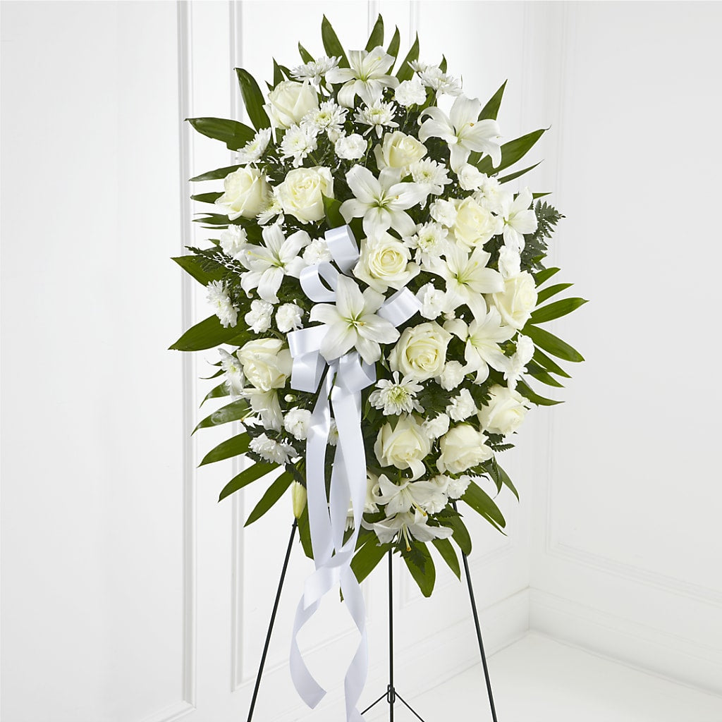 Exquisite Tribute Standing Spray-White Ribbon – De Santis Florist Inc, Columbus OH
