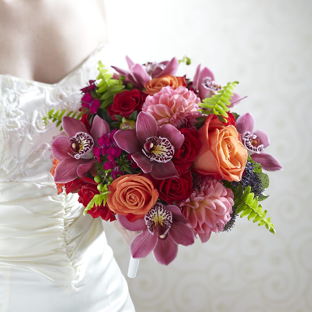 Brilliant Blossoms Bouquet – dark pink, fuchsia, orange, peach, purple, red flower arrangement | Columbus, OH